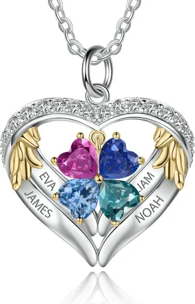 Personalized sterling silver pendant necklace with birthstone and name mothers jewelry heart shaped necklace for her birthstone necklace (18k gold 4 stones&names)