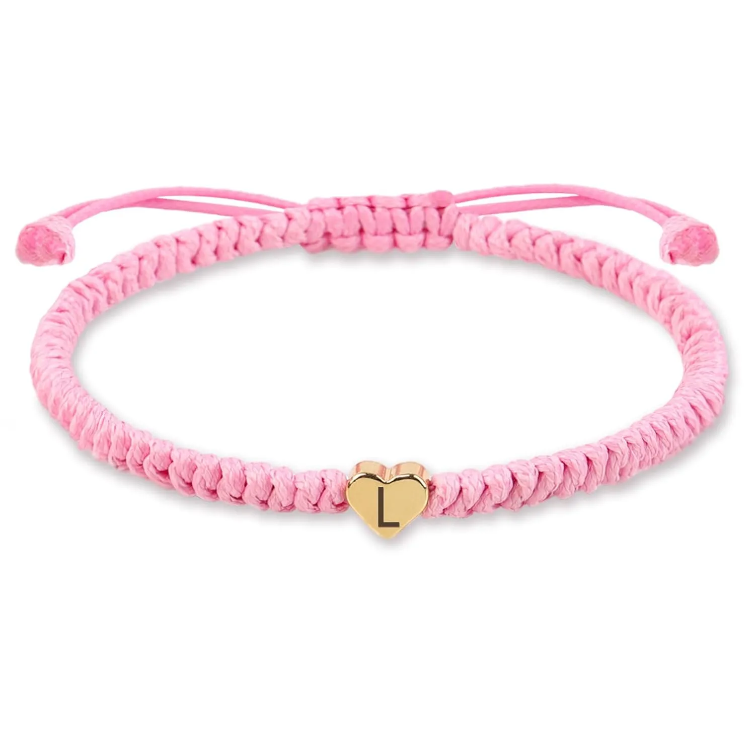 Pink Weave Rope Letter Bracelet for Women, Initial Bracelet Heart Charm 26 Letters A-Z Alphabet Handmade Adjustable Jewelry for Couple Teenage Girls Sister Valentines Day Mother's Day (Pink-L)