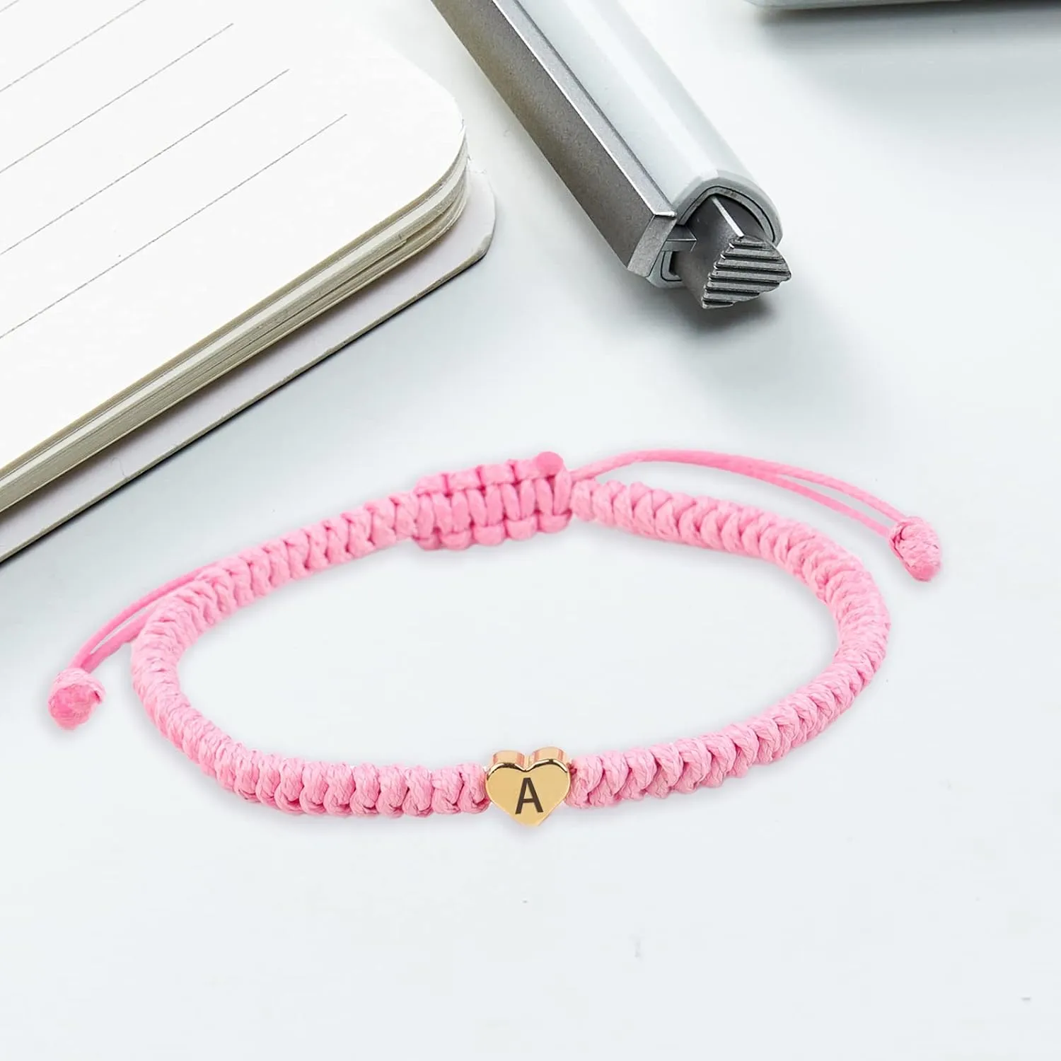 Pink Weave Rope Letter Bracelet for Women, Initial Bracelet Heart Charm 26 Letters A-Z Alphabet Handmade Adjustable Jewelry for Couple Teenage Girls Sister Valentines Day Mother's Day (Pink-L)