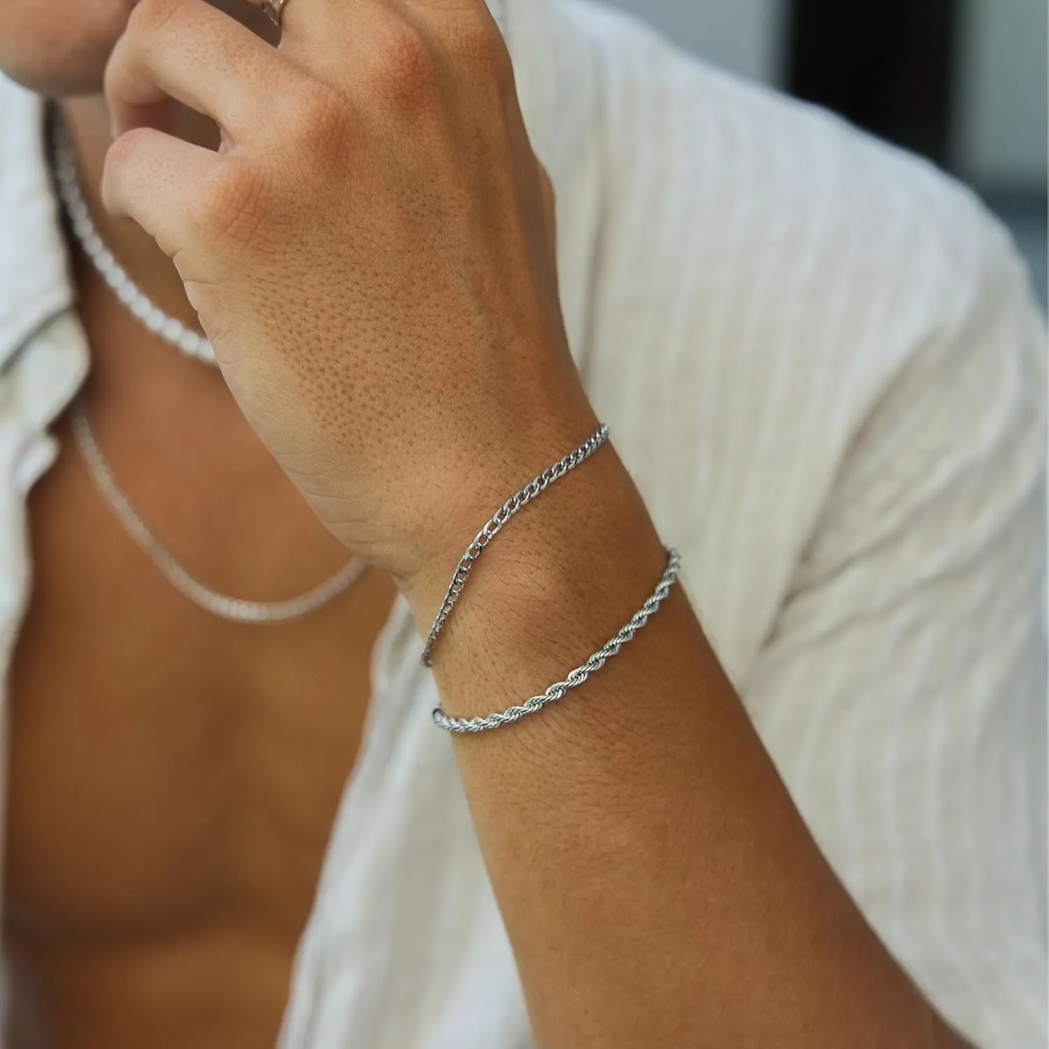 Silver Bracelet for Men Women, Mens Bracelet Stainless Steel Bracelet Stack Cuban Link Bracelet Silver Chain Bracelet Sets Mens Bracelet Pack Silver Jewelry Custom Bracelets for Men Jewelry
