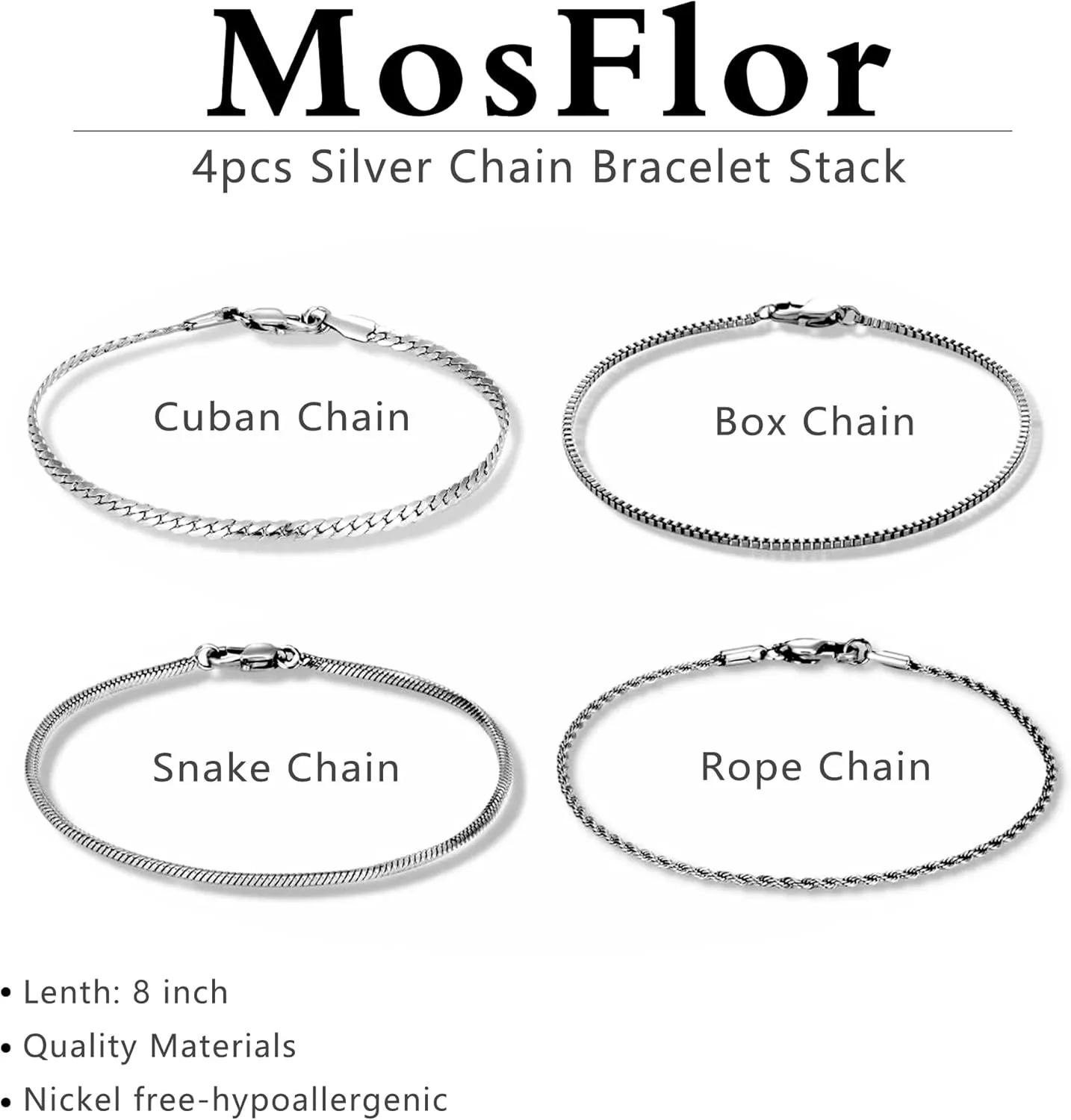 Silver Bracelet for Men Women, Mens Bracelet Stainless Steel Bracelet Stack Cuban Link Bracelet Silver Chain Bracelet Sets Mens Bracelet Pack Silver Jewelry Custom Bracelets for Men Jewelry