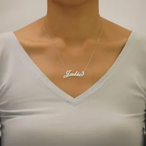 Solid 14k White Gold Name Necklace Script Font Personalized Laser Cut Nameplate Charm Chain