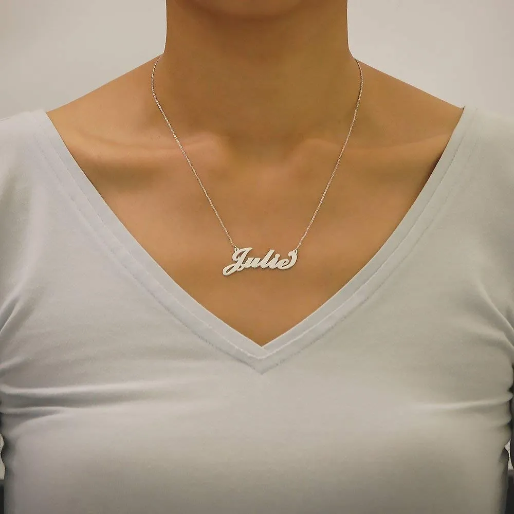 Solid 14k White Gold Name Necklace Script Font Personalized Laser Cut Nameplate Charm Chain