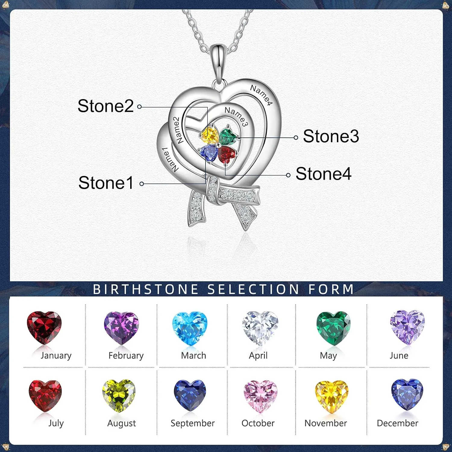Sterling Silver Heart Pendant Personalized Necklace -1inch, Customized with Birthstones Engraved Names, Gift for Women sister grandma her Fashion Jewelry for women
