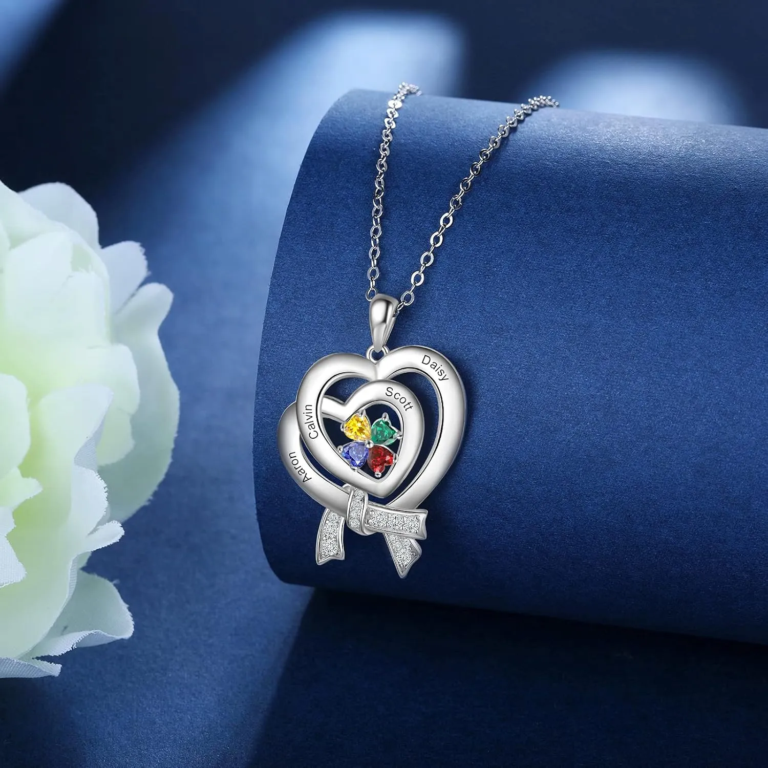 Sterling Silver Heart Pendant Personalized Necklace -1inch, Customized with Birthstones Engraved Names, Gift for Women sister grandma her Fashion Jewelry for women