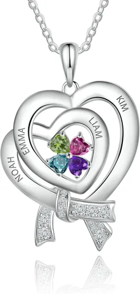 Sterling Silver Heart Pendant Personalized Necklace -1inch, Customized with Birthstones Engraved Names, Gift for Women sister grandma her Fashion Jewelry for women