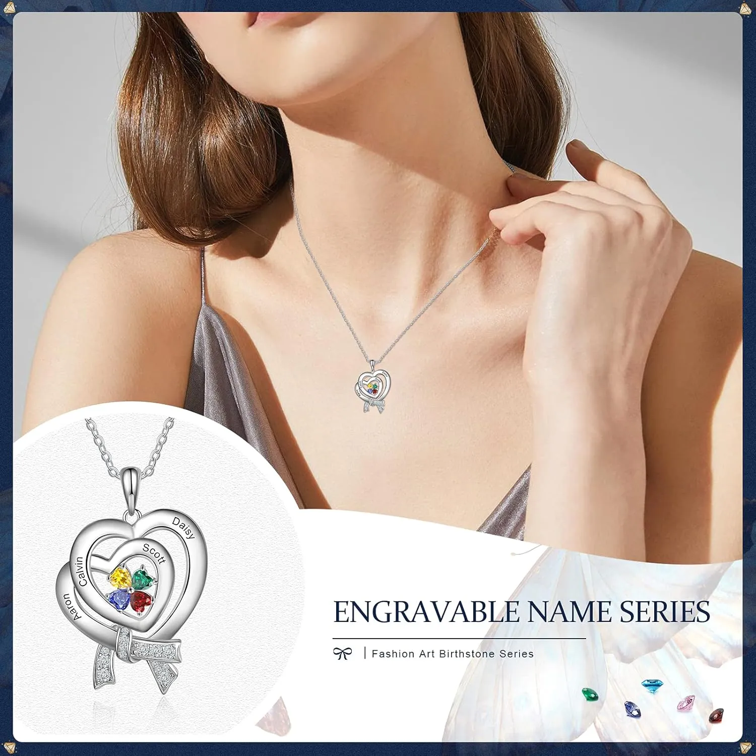 Sterling Silver Heart Pendant Personalized Necklace -1inch, Customized with Birthstones Engraved Names, Gift for Women sister grandma her Fashion Jewelry for women