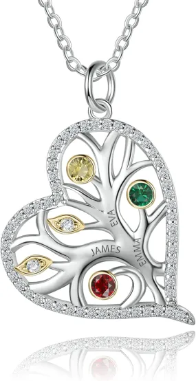 Sterling Silver Personalized mothers necklace with stones engraved jewelry for women tree of life birthstone pendant gift for mom her sister grandma