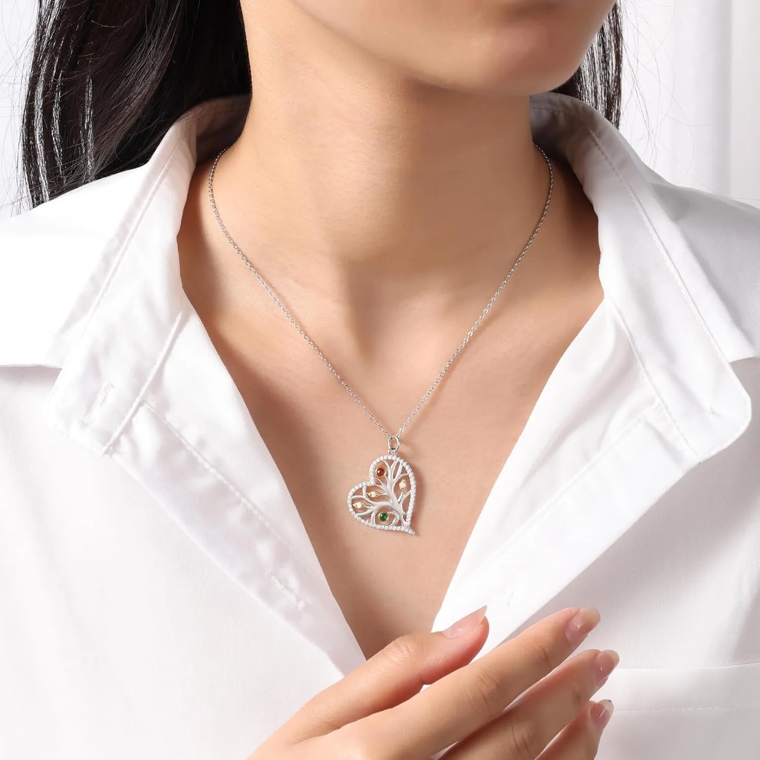 Sterling Silver Personalized mothers necklace with stones engraved jewelry for women tree of life birthstone pendant gift for mom her sister grandma