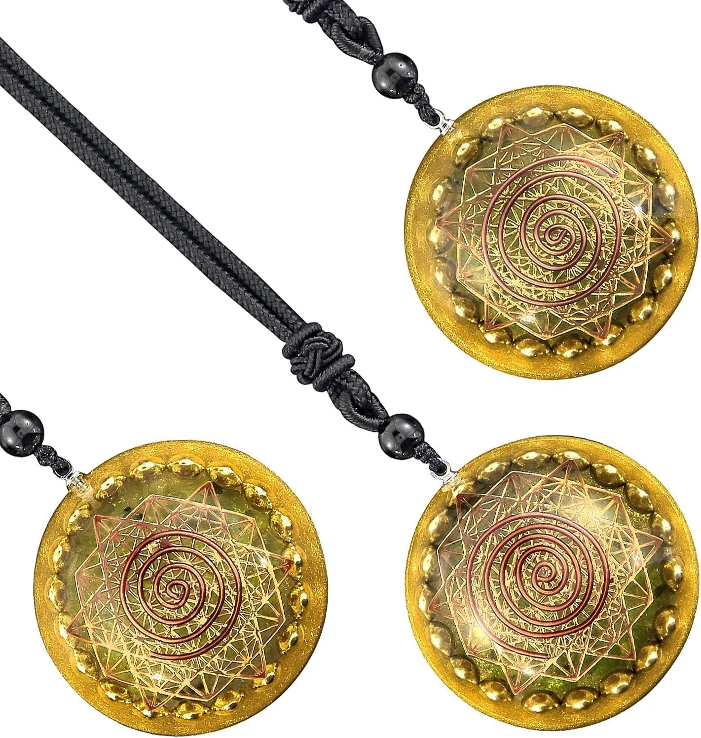 SUNYIK Orgonite 7 Chakra Symbol Round Pendant Necklace for Men Women, Amulet Natural Peridot Crystal Stone Necklace for Unisex with Adjustable Rope 18-24"
