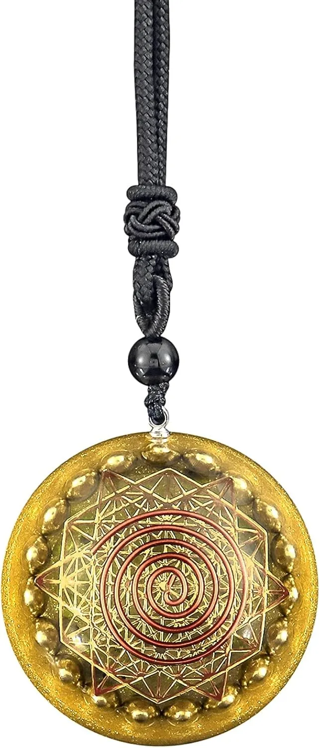 SUNYIK Orgonite 7 Chakra Symbol Round Pendant Necklace for Men Women, Amulet Natural Peridot Crystal Stone Necklace for Unisex with Adjustable Rope 18-24"