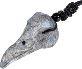 SUNYIK Raven Skull Stone Pendant Necklace for Unisex, Hand Carved Crow Skull Necklace with Adjustable Black Rope, 1.76x0.7x0.74'', Pyrite