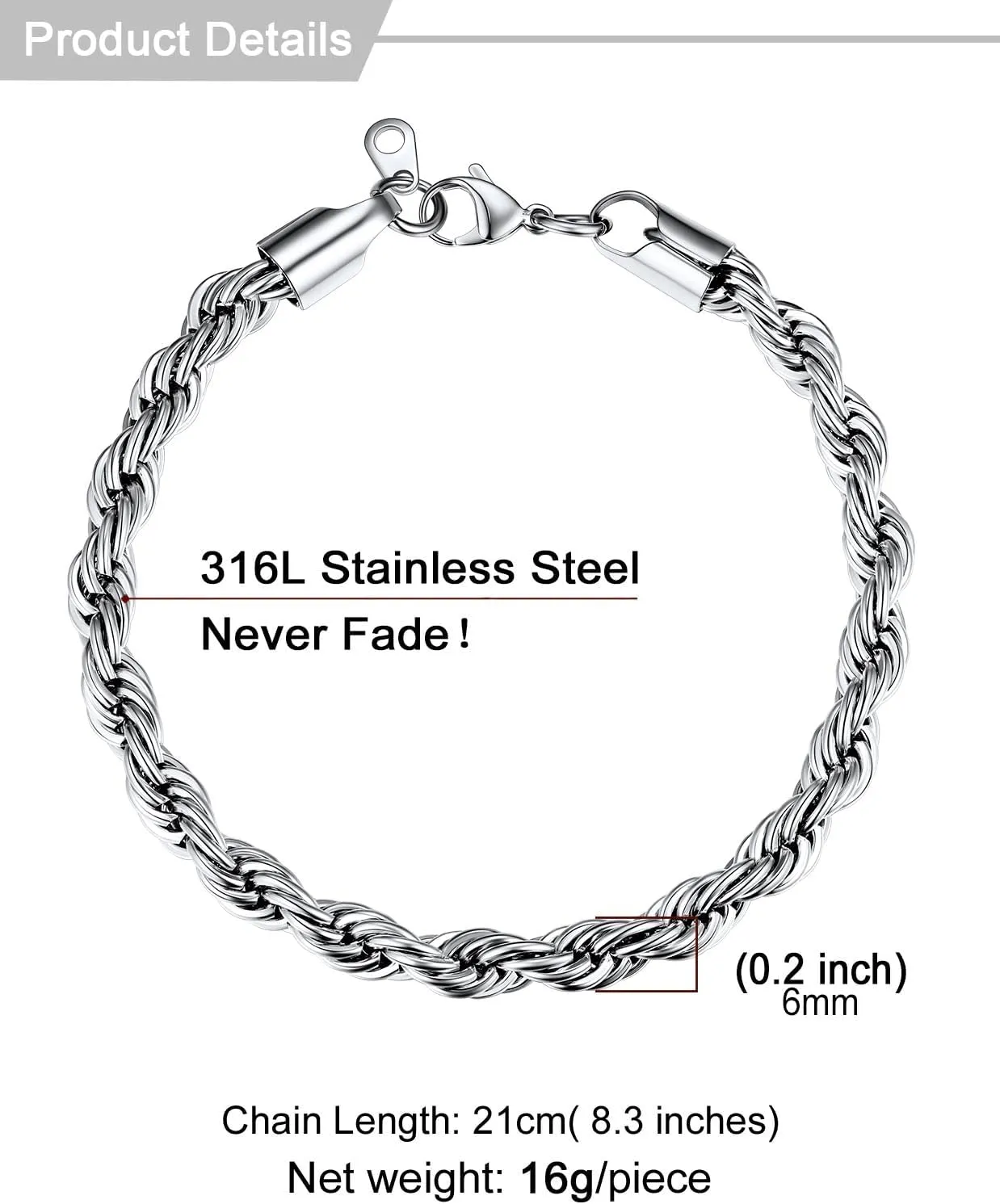 U7 Figaro Bracelet, Stainless Steel Figaro Chain Bracelet, Rope Chain Bracelet Stainless Steel 18K Gold Plated Wrist Chain for Men Women