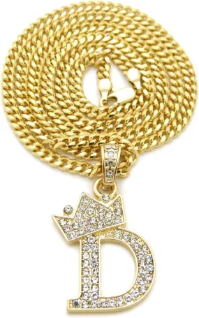 Unisex Small Size Pave Crown Tilted Initial Alphabet Letter D Pendant Various Chain Necklace in Gold Tone
