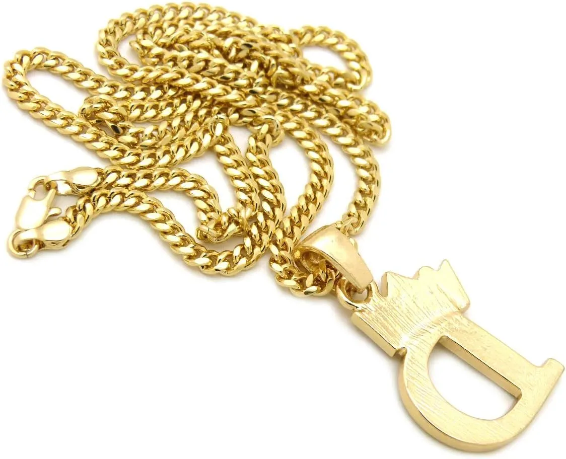 Unisex Small Size Pave Crown Tilted Initial Alphabet Letter D Pendant Various Chain Necklace in Gold Tone
