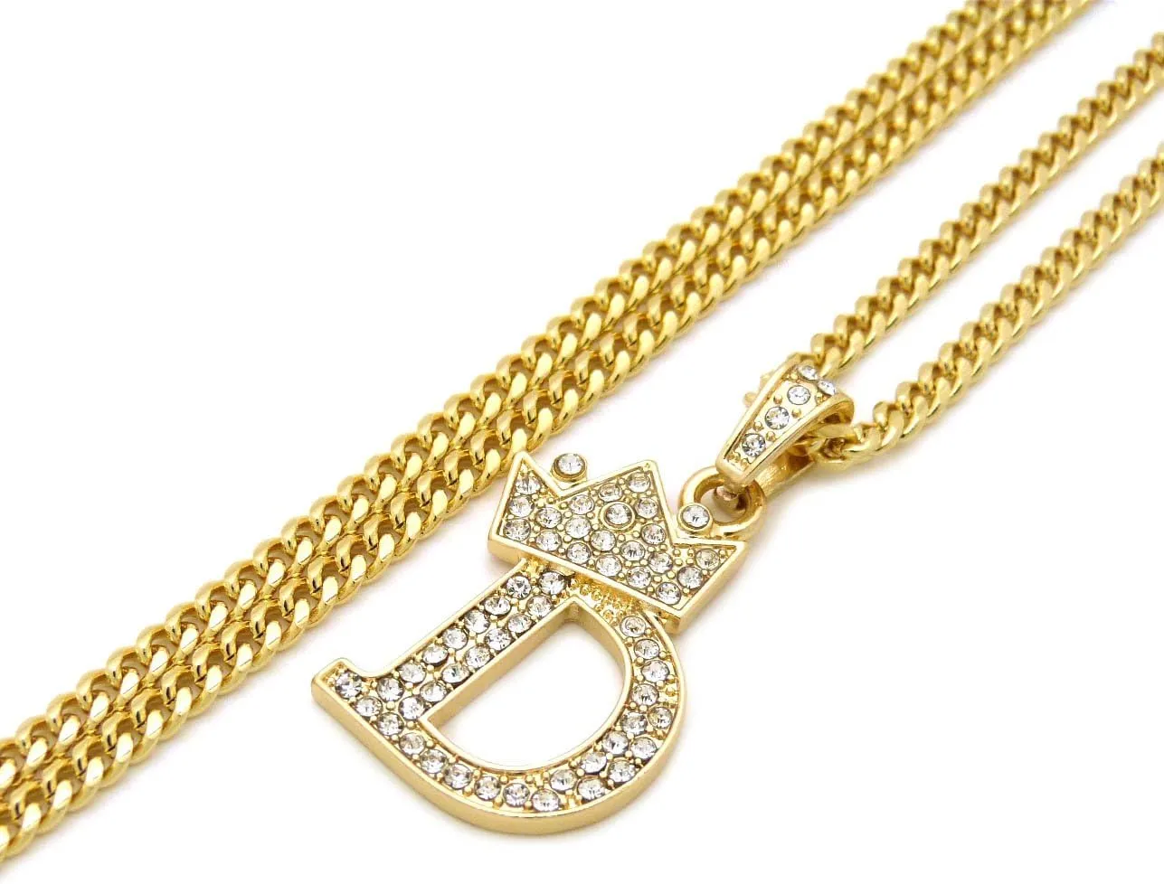 Unisex Small Size Pave Crown Tilted Initial Alphabet Letter D Pendant Various Chain Necklace in Gold Tone