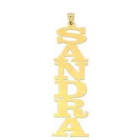 Vertical Name Pendant Charm Chain 14k Yellow Gold Personalized Laser Cut Block Font