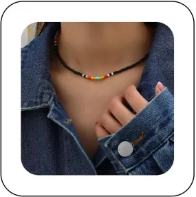 Vintage Colorful Seed Bead Necklace Black Seed Bead Choker Necklace Rainbow Bead Choker Necklace Colorful Rice Bead Necklace Jewelry for Women (Black)
