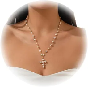 Vintage Pearl Short Necklace,Bikini Bead Choker Necklace Wedding Bridal Pearl Clavicle Chain Metal Cross Pendant Tassel Chest Chain Jewelry for Women