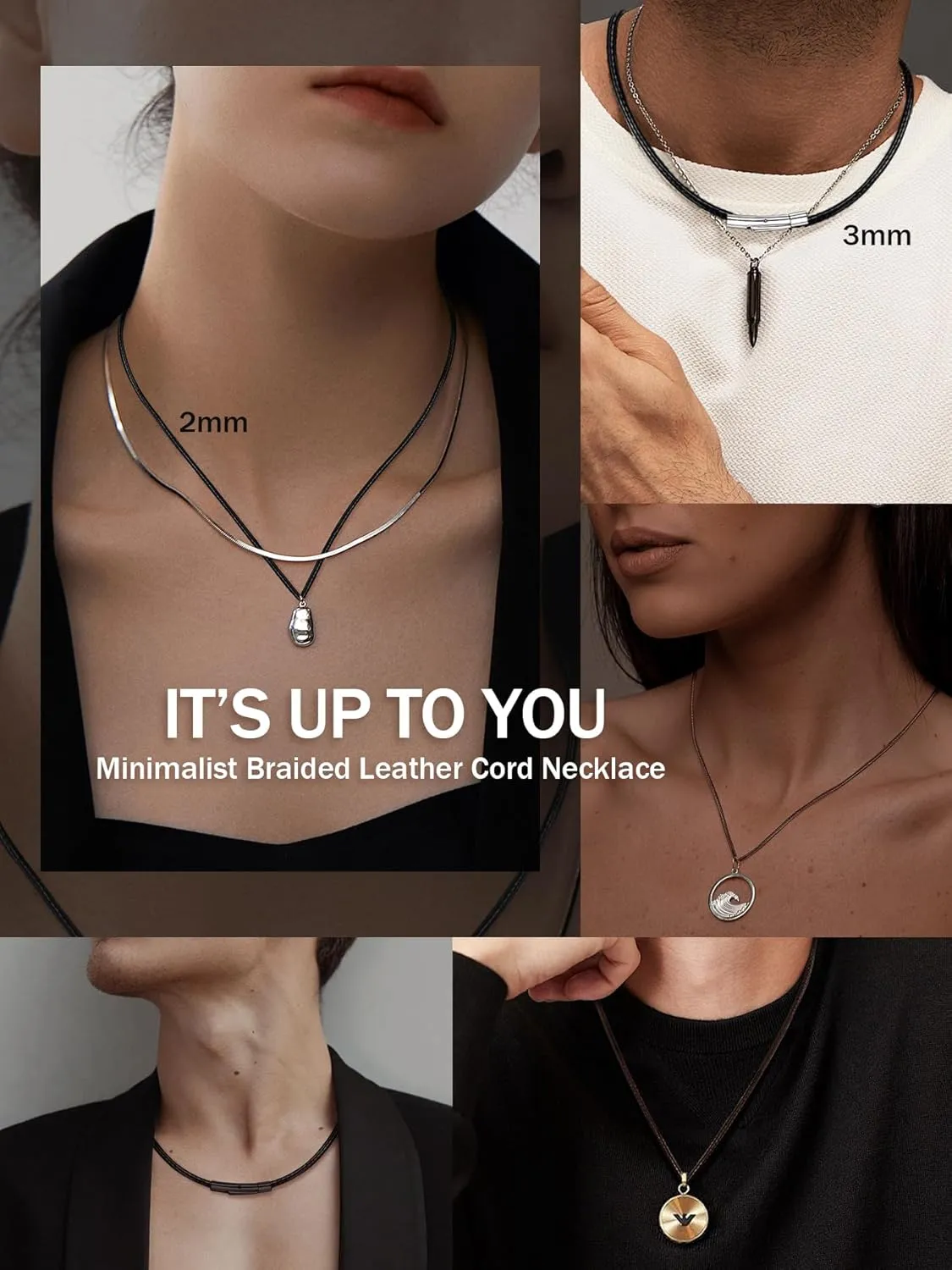 Waterproof Braided Leather Necklace Cord Chain for Men Women, with Sturdy Silver/Black Clasp, 2MM/3MM Flexible Brown/Black Rope Chain for Pendant 16"-30" Length (Send Gift Box)