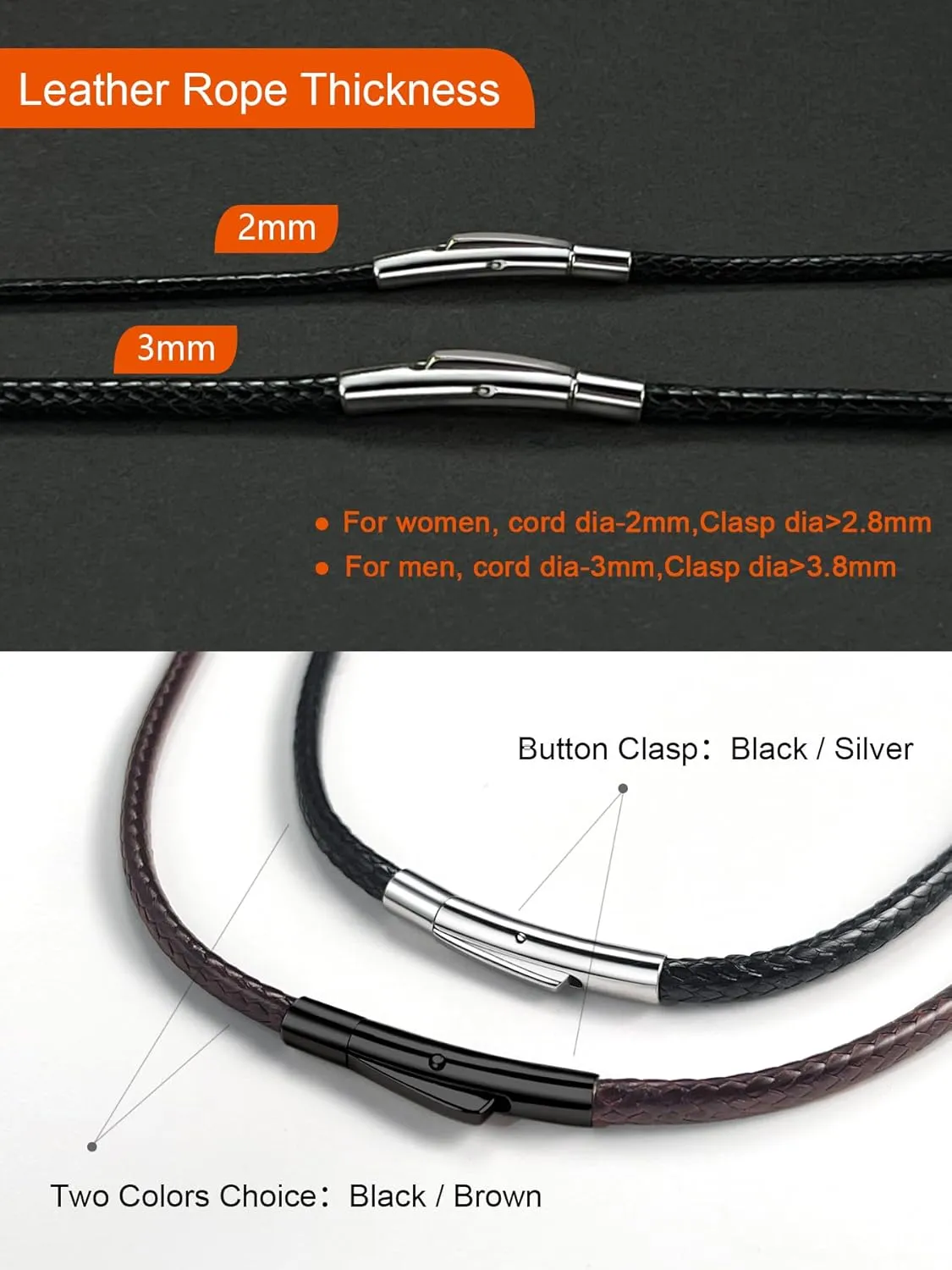 Waterproof Braided Leather Necklace Cord Chain for Men Women, with Sturdy Silver/Black Clasp, 2MM/3MM Flexible Brown/Black Rope Chain for Pendant 16"-30" Length (Send Gift Box)