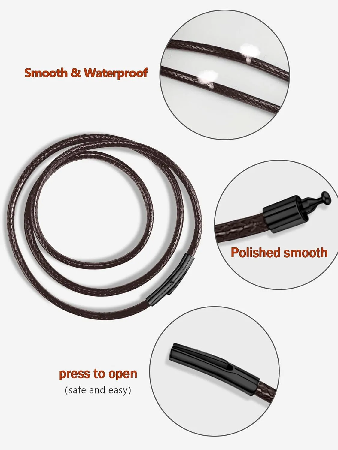 Waterproof Braided Leather Necklace Cord Chain for Men Women, with Sturdy Silver/Black Clasp, 2MM/3MM Flexible Brown/Black Rope Chain for Pendant 16"-30" Length (Send Gift Box)