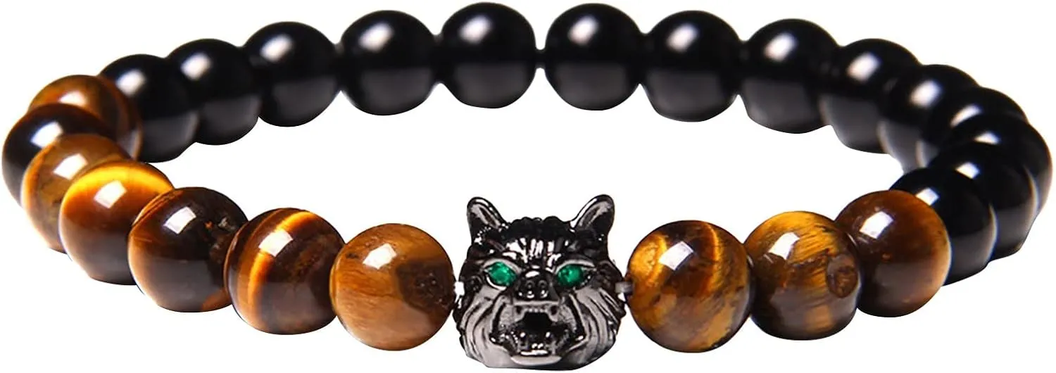 Wolf Head Charm Amethyst Crystal Bracelet With Round Beads Natural Tiger Eye Bracelet Lava Costume Jewelry