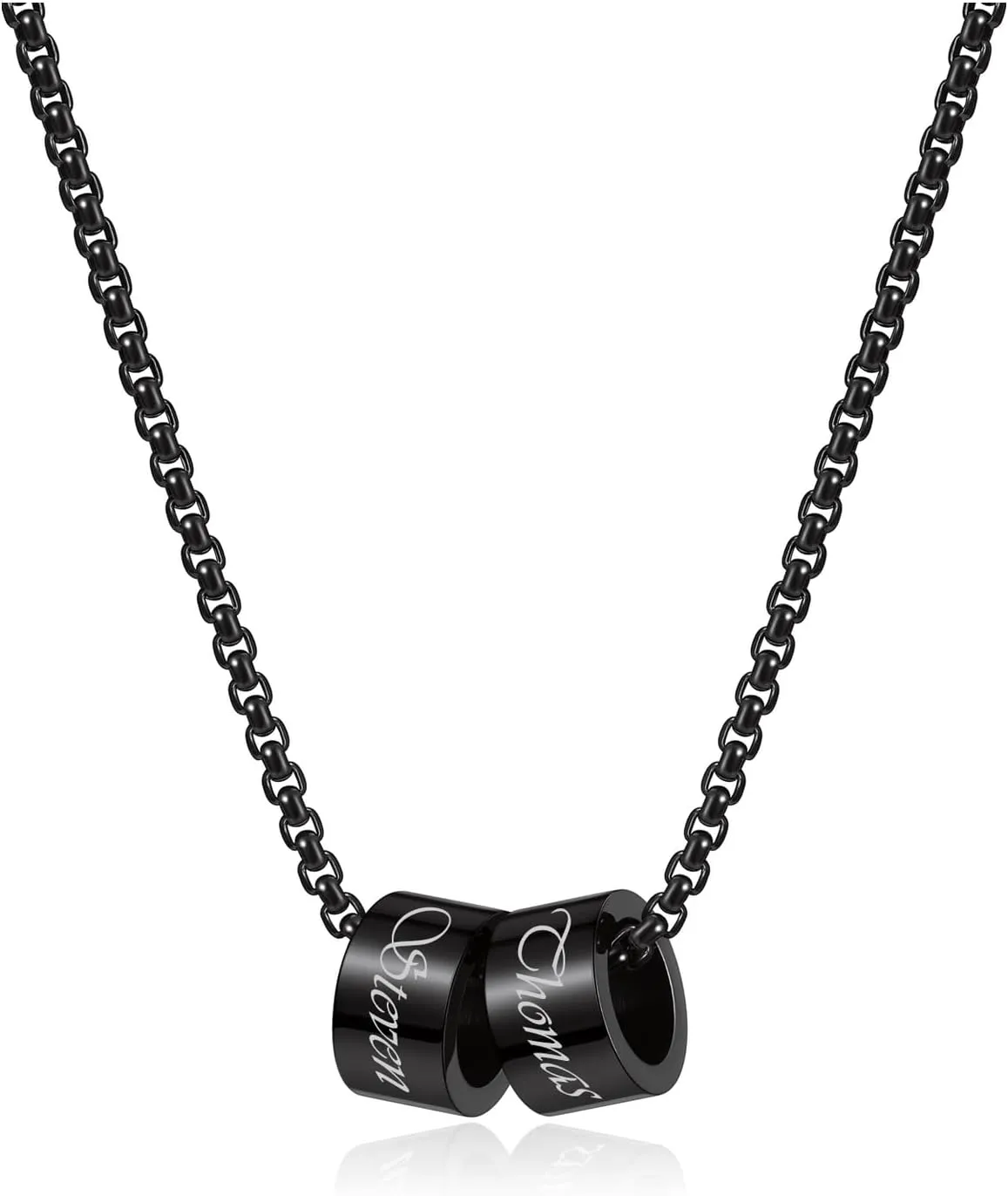 Zysta Personalized Family Name Necklace 1/2/3/4/5 Charm Beads Custom Engraving Initial Name Date for Men Women Stainless Steel Chain BFF Dad Father Day Jewelry