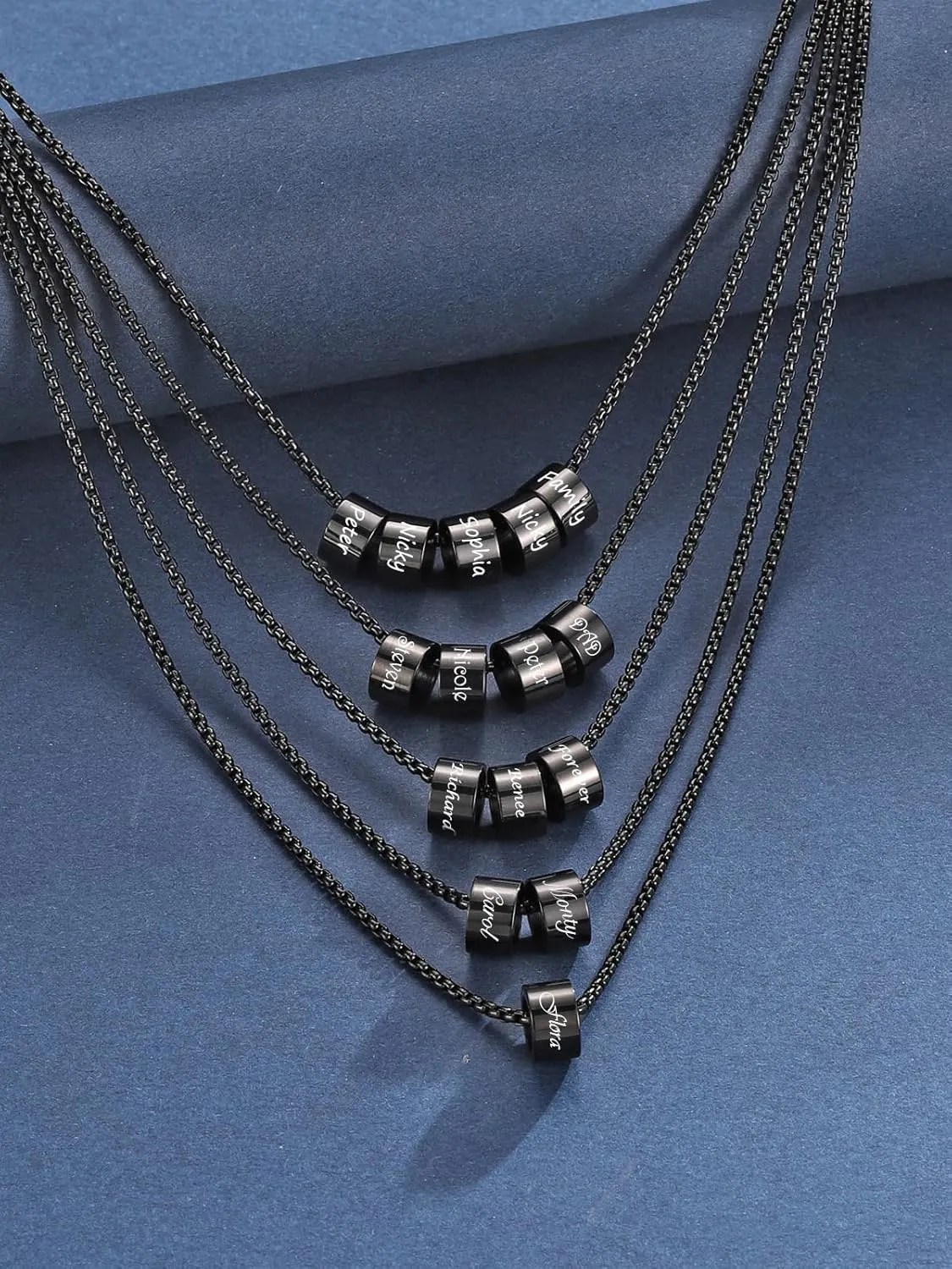 Zysta Personalized Family Name Necklace 1/2/3/4/5 Charm Beads Custom Engraving Initial Name Date for Men Women Stainless Steel Chain BFF Dad Father Day Jewelry